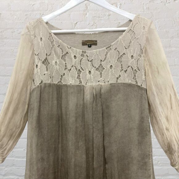 H Trend Italy Silk Lace Blouse S Beige Asymmetric Hem Made in Italy - Picture 4 of 14